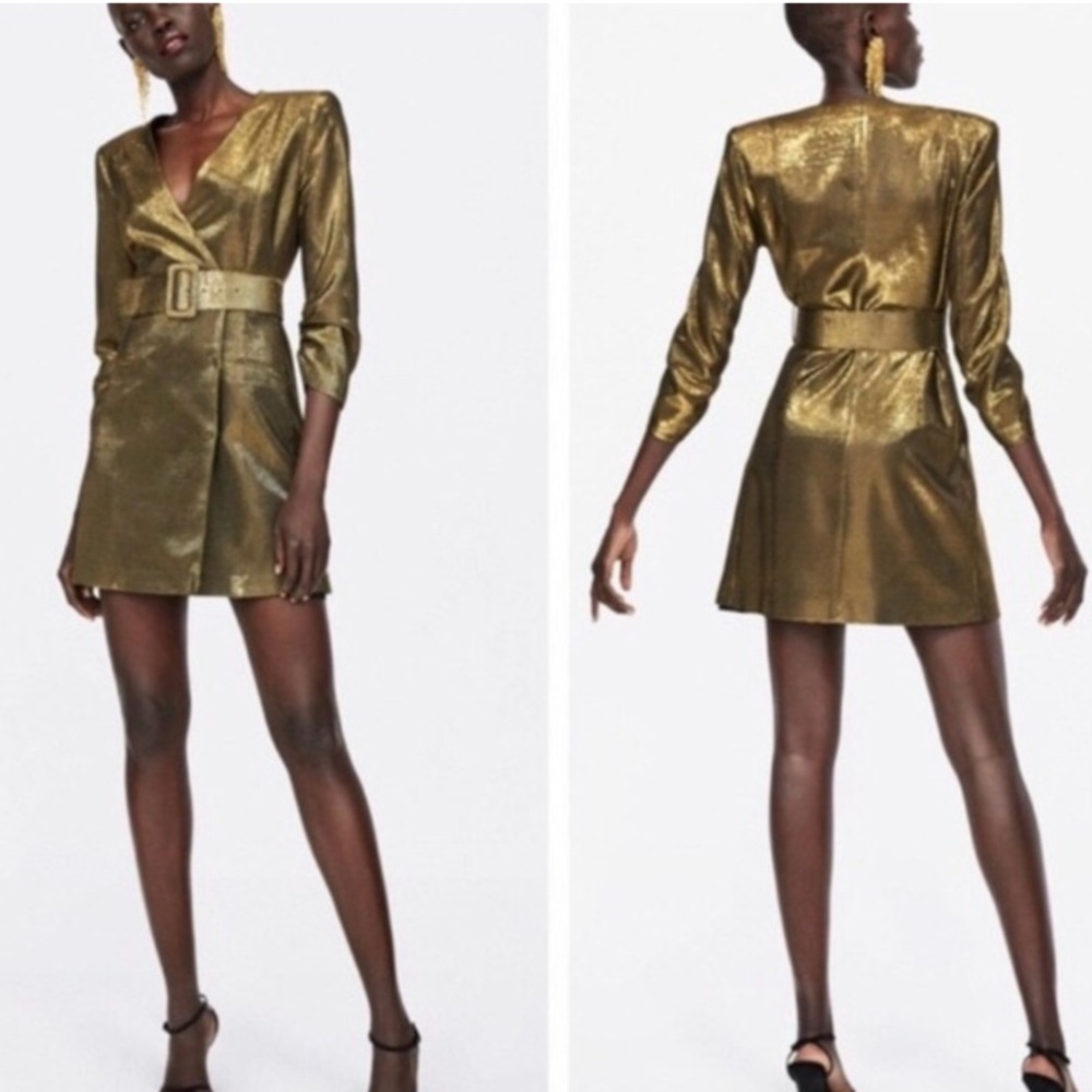 Zara Gold Metallic Mini Dress Size Small long sleeve, with belt EUC